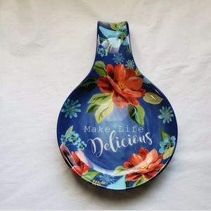 Pioneer Woman Spring Bouquet Cobalt Blue "Make Life Delicious" Large Spoon Rest